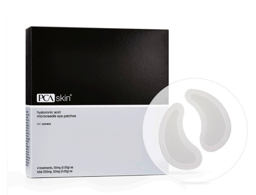 A box of PCA Skin hyaluronic acid microneedle eye patches with individual patches visible